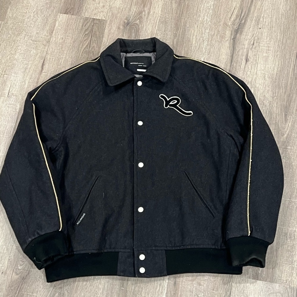2XL Rocawear Black Varsity Black Full Button Front Classic Coat Jacket